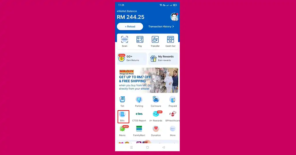 Pilih Jubin Bills pada Skrin Utama
